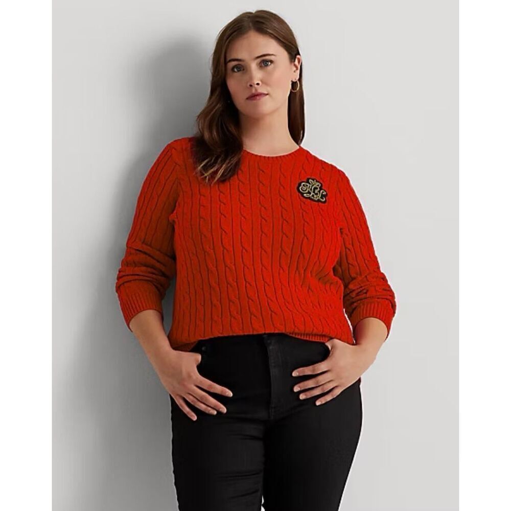 Lauren Ralph Lauren Rhinestone Bullion Patch Cable-Knit Cotton Sweater Red Size